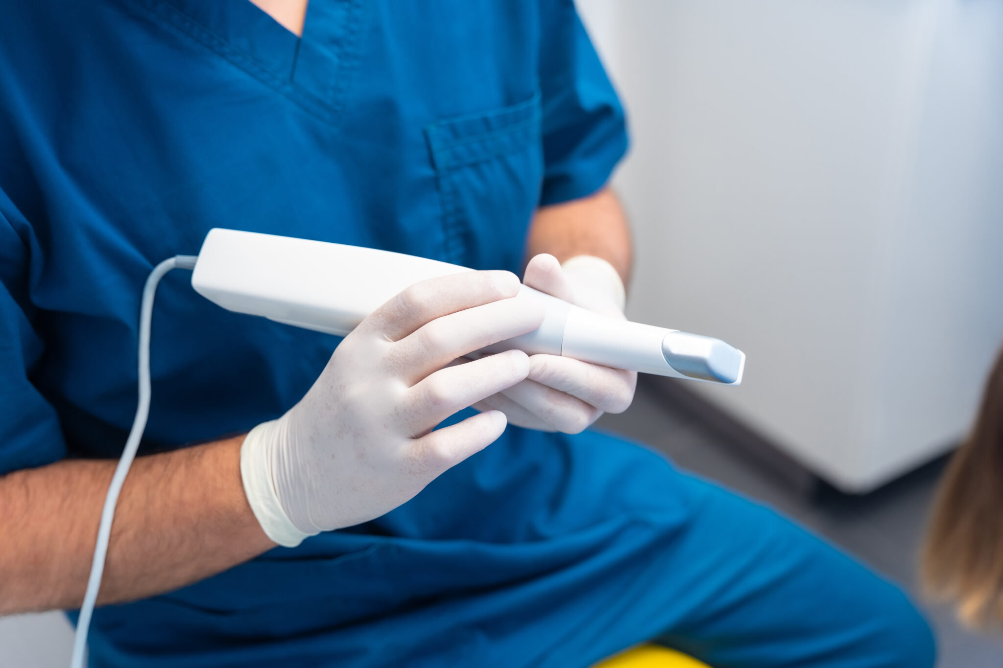 Dental clinic, dentist to scan the denture with the 3d apparatus